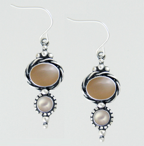 Sterling Silver Drop Dangle Earrings With Peach Moonstone And Cultured Freshwater Pearl